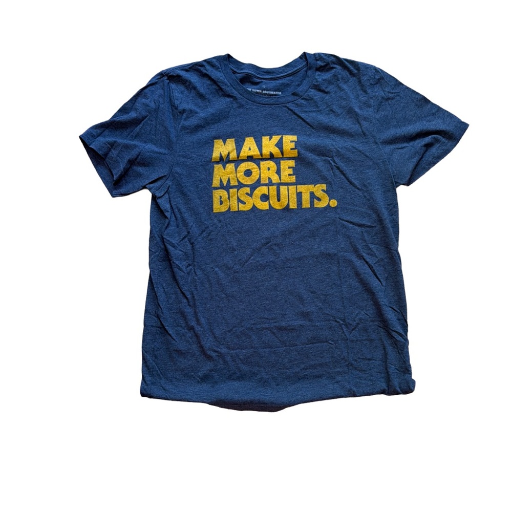 Make More Biscuits Bitter Southerner Blue T-Shirt with Yellow Text